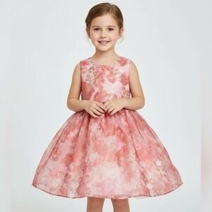 PLACE Girls Dress Size 5 Pink Coral Gold Floral Party Sleeveless Gathered Waist